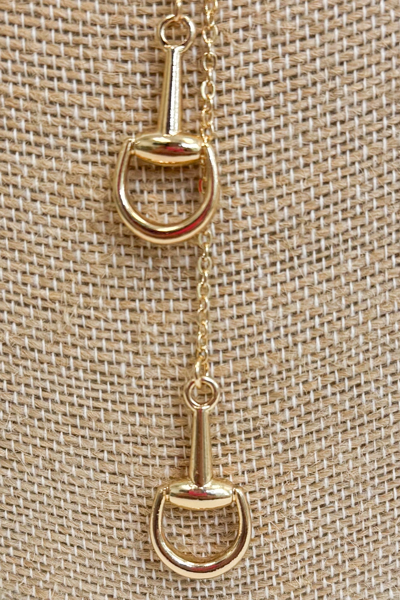 Close up of gold-tone bolo necklace featuring delicate chain strands dropping vertically down the center each with a small horseshoe pendant 