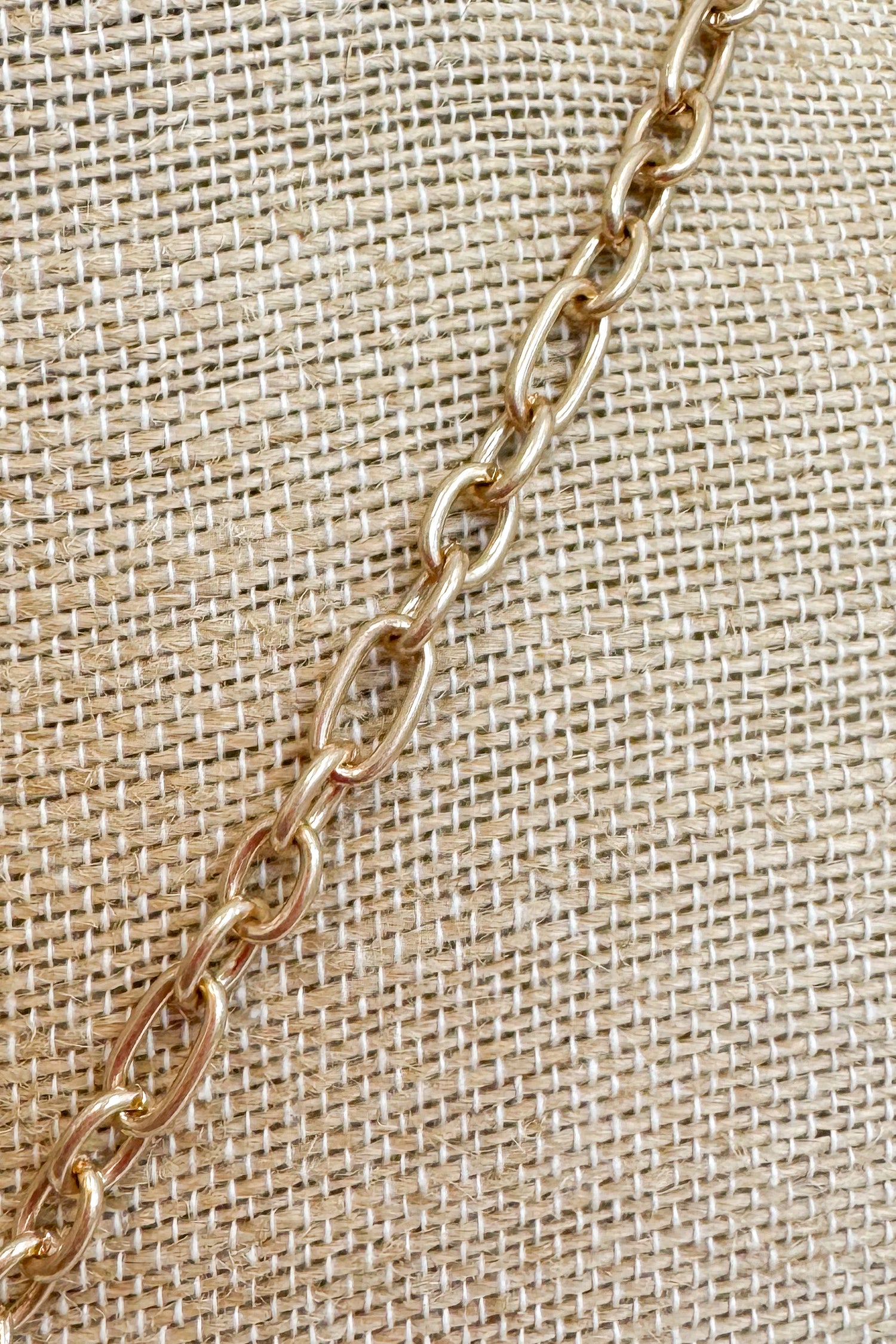 Gold-tone delicate chain necklace featuring a fine textured chain shown on a beige jewelry bust