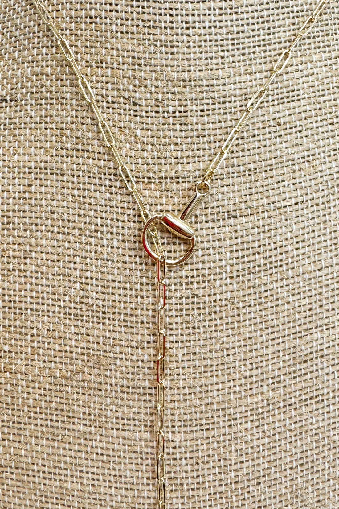 Close up of gold-tone delicate chain necklace featuring a small horsebit pendant, displayed on a beige jewelry bust 