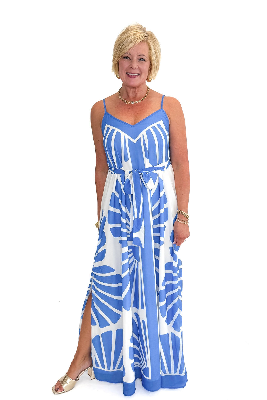 Front view of woman wearing Blue Printed Maxi Dress With Tie against white studio background.