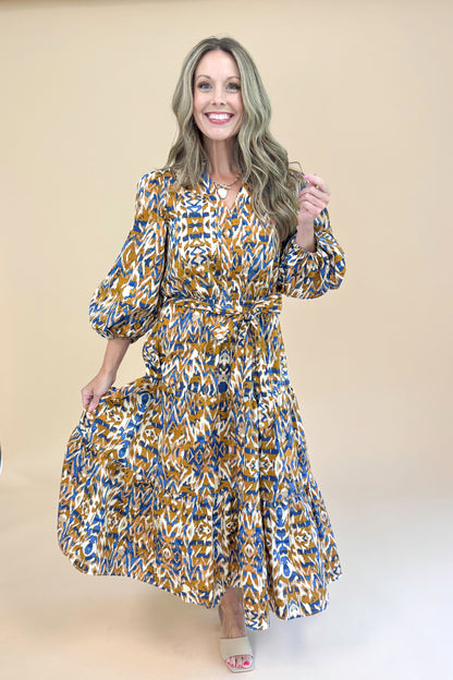 Steep Dreams Camel &amp; Blue Printed Puff Sleeve Midi Dress