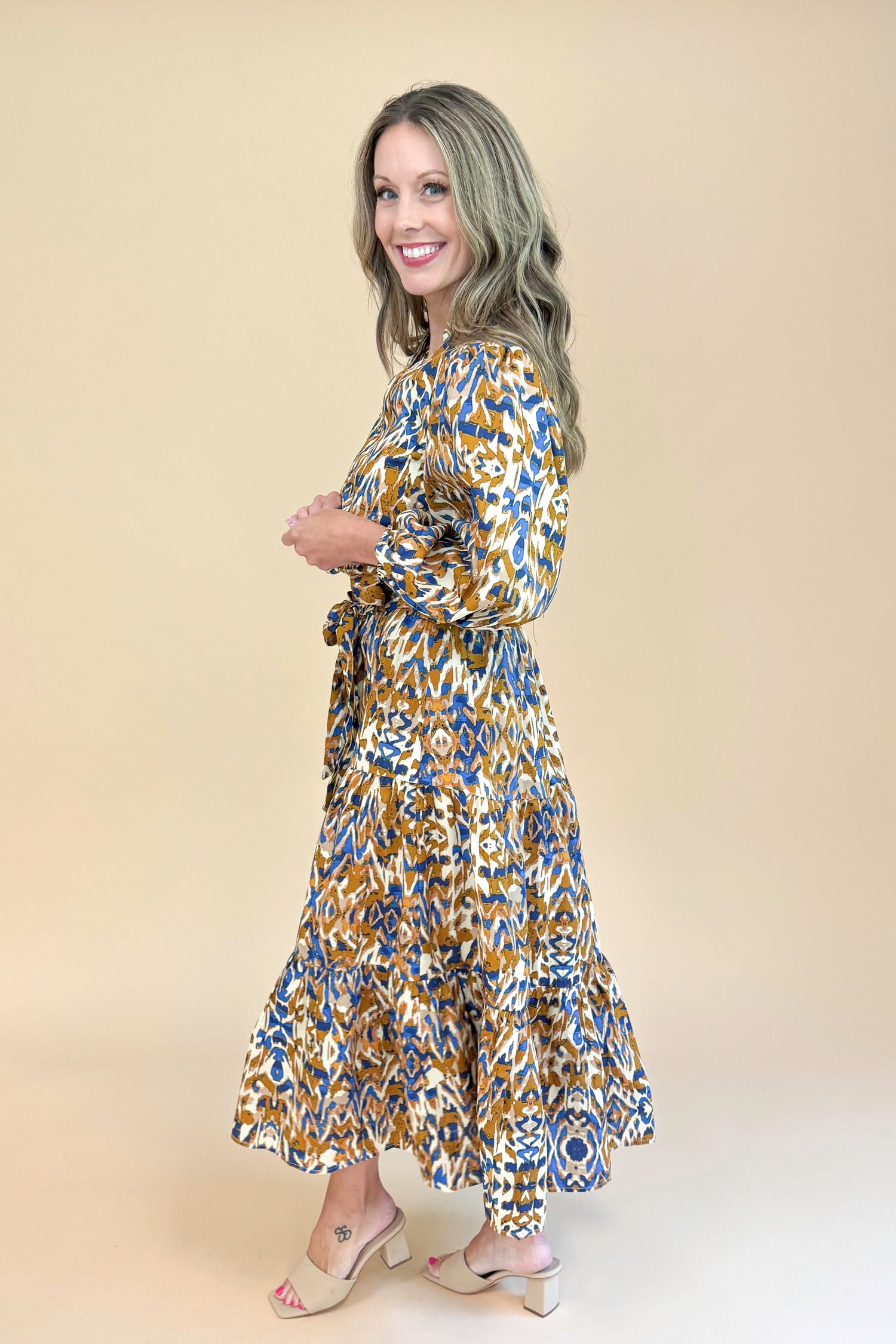Steep Dreams Camel &amp; Blue Printed Puff Sleeve Midi Dress