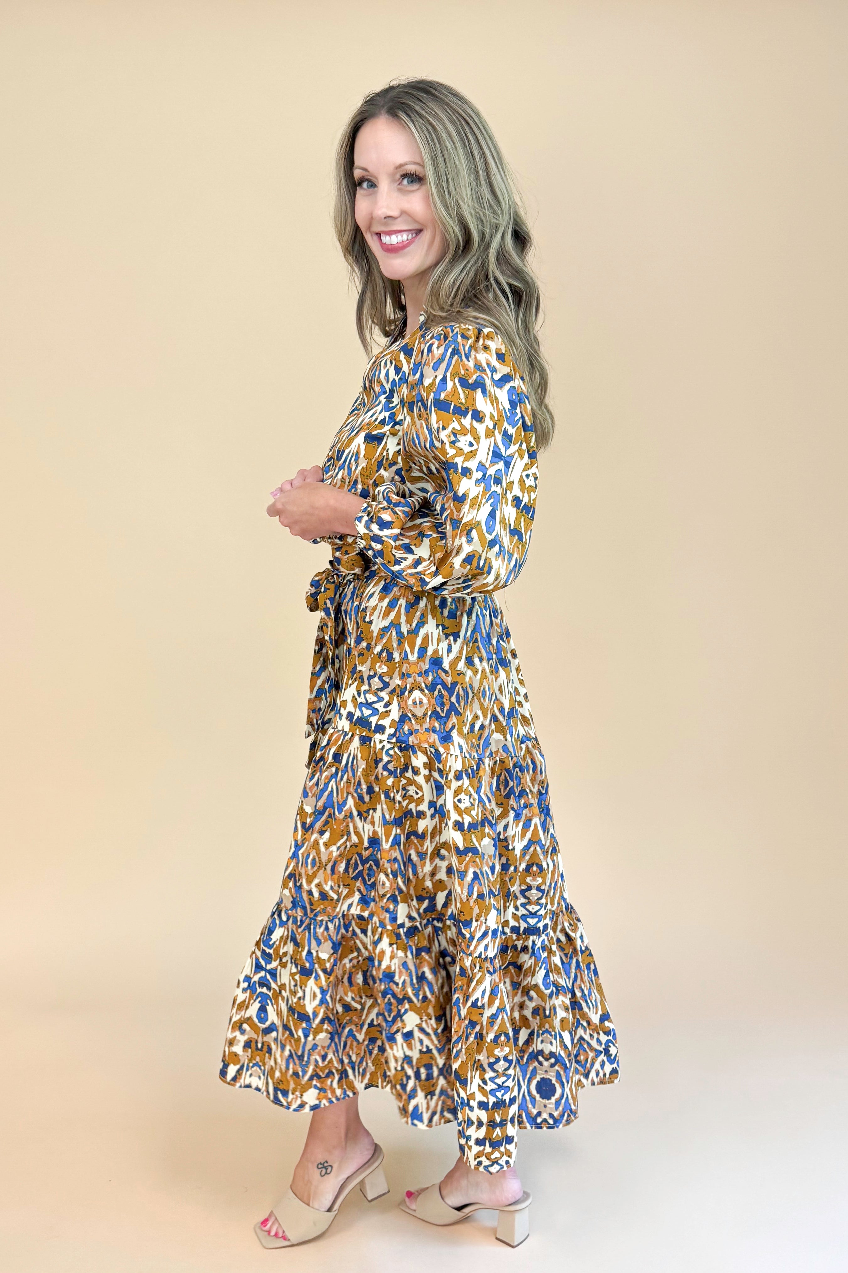 Steep Dreams Camel &amp; Blue Printed Puff Sleeve Midi Dress