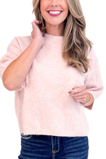 All The Rage light pink short sleeve sweater - front detail model shot