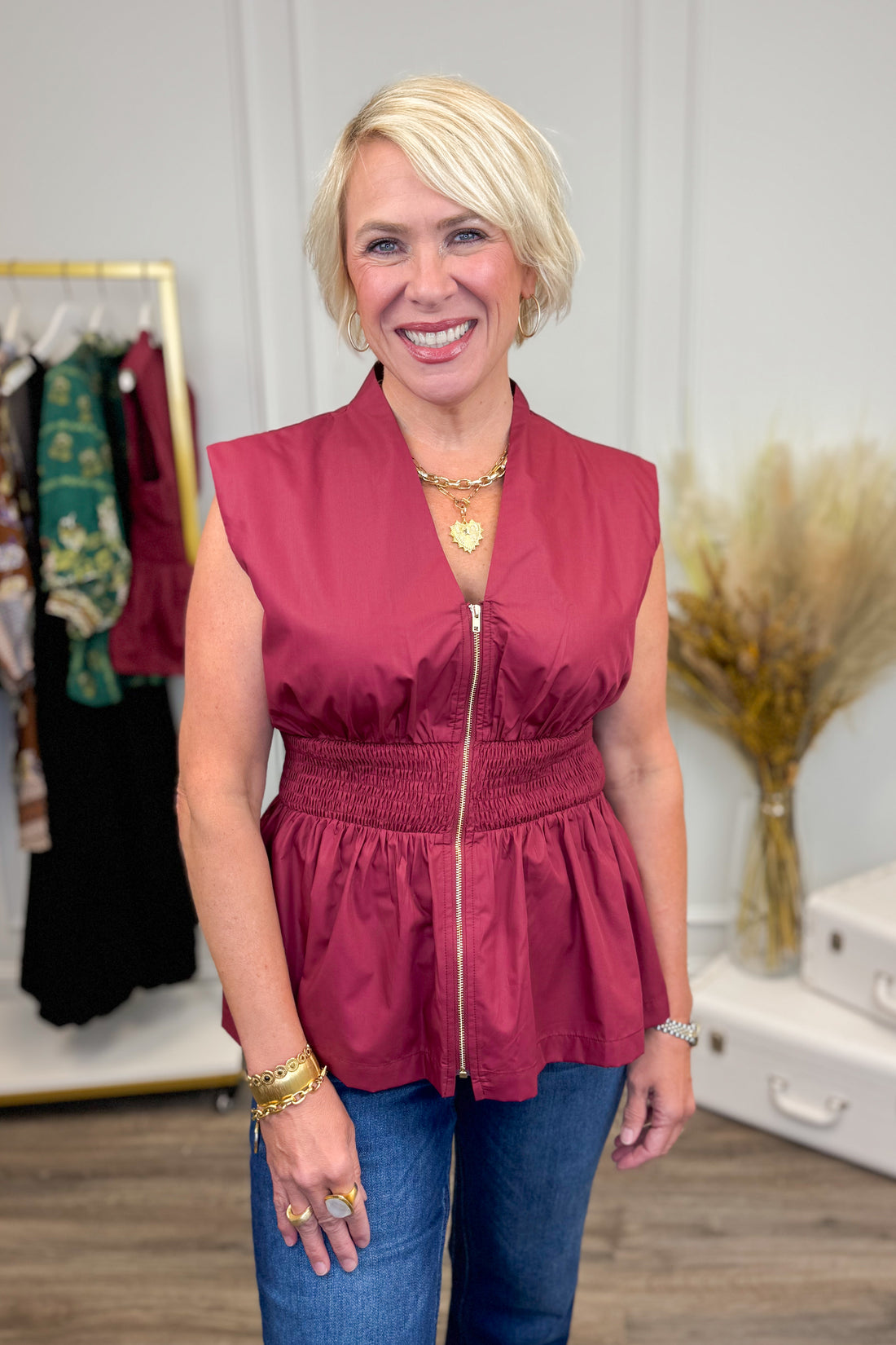 Center Stage Burgundy Smocked Waist Center Zip Top