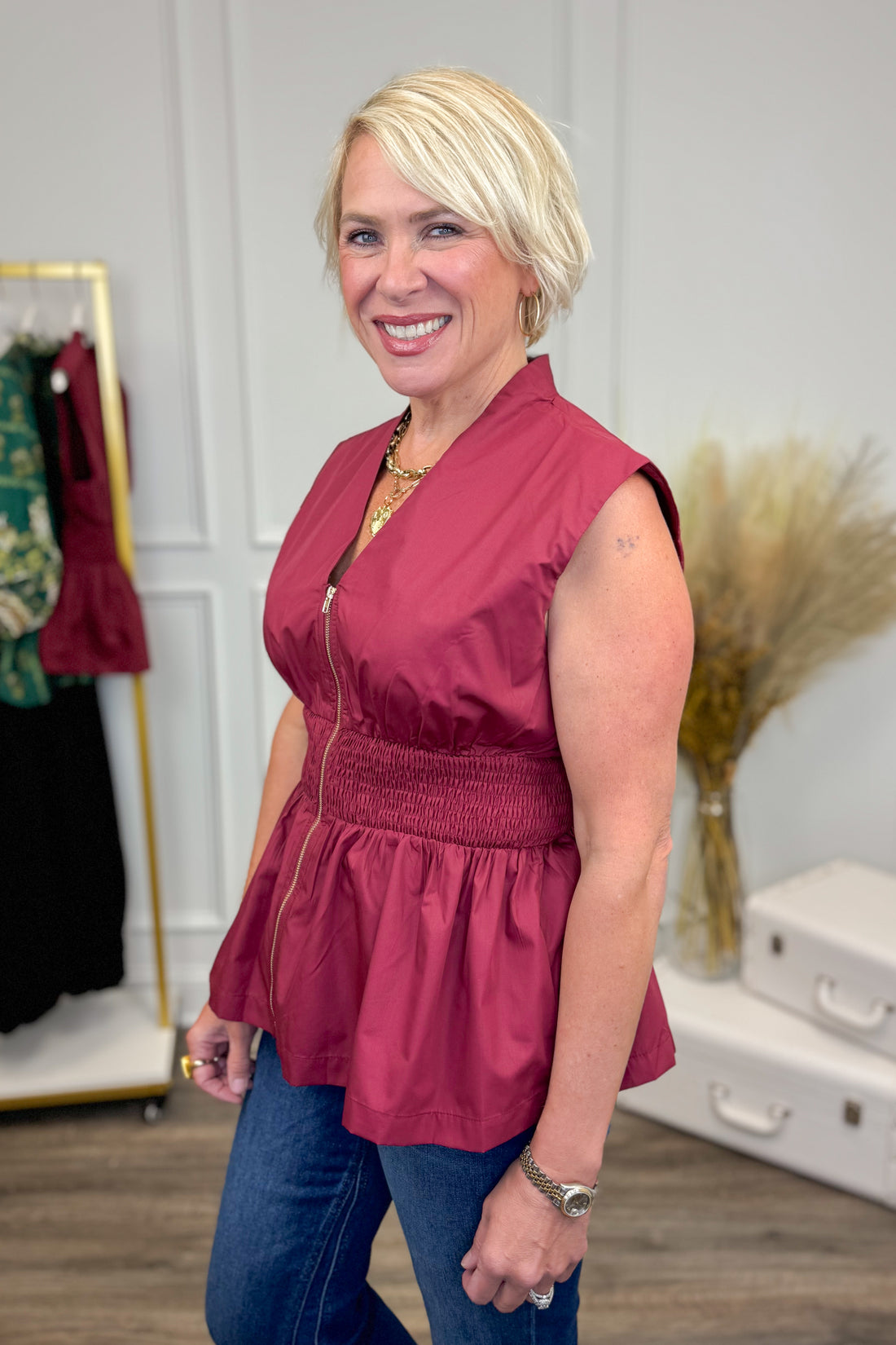 Center Stage Burgundy Smocked Waist Center Zip Top