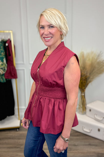 Center Stage Burgundy Smocked Waist Center Zip Top