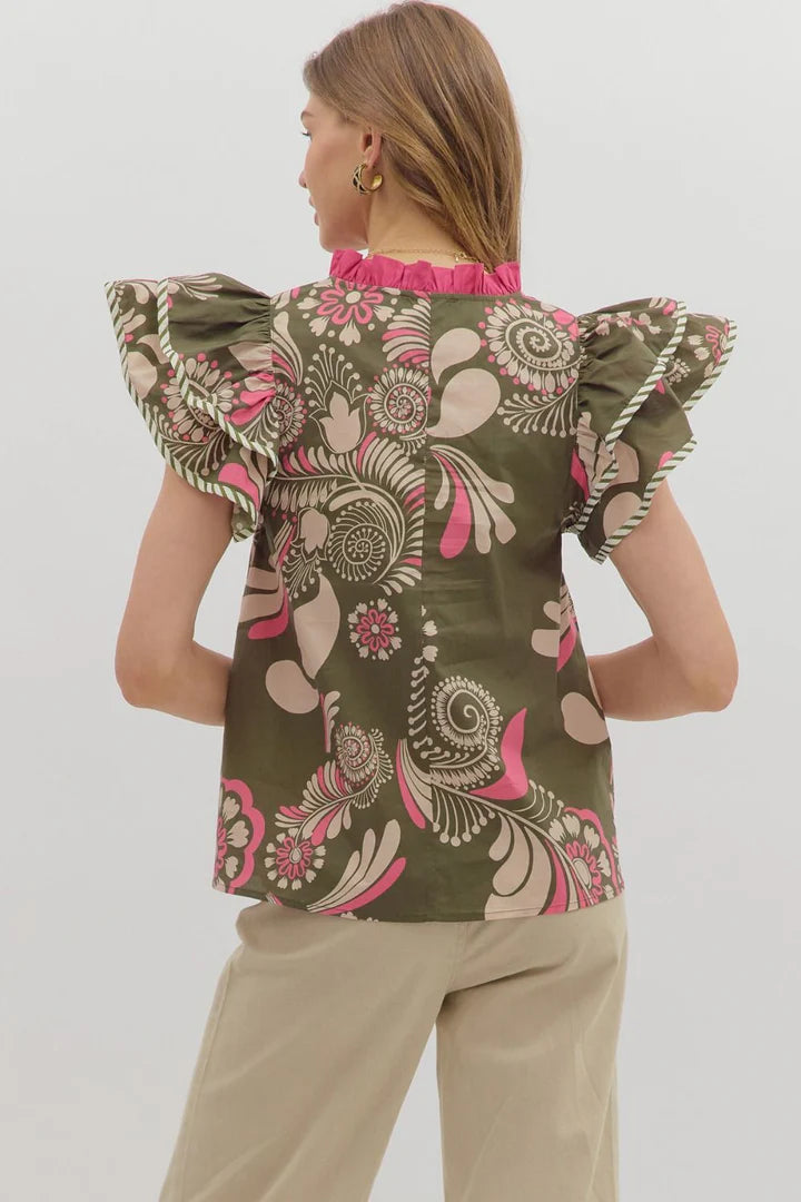 Sweet Thing Olive &amp; Pink Printed Flutter Sleeve Top by Entro