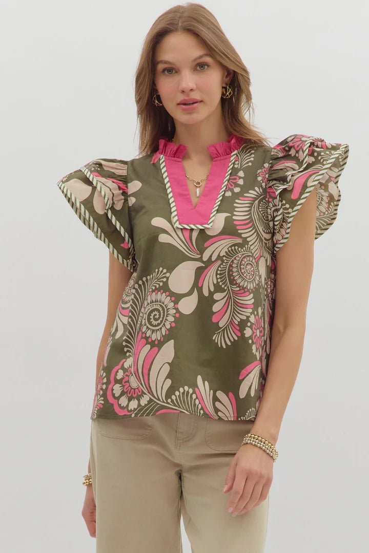 Sweet Thing Olive &amp; Pink Printed Flutter Sleeve Top by Entro