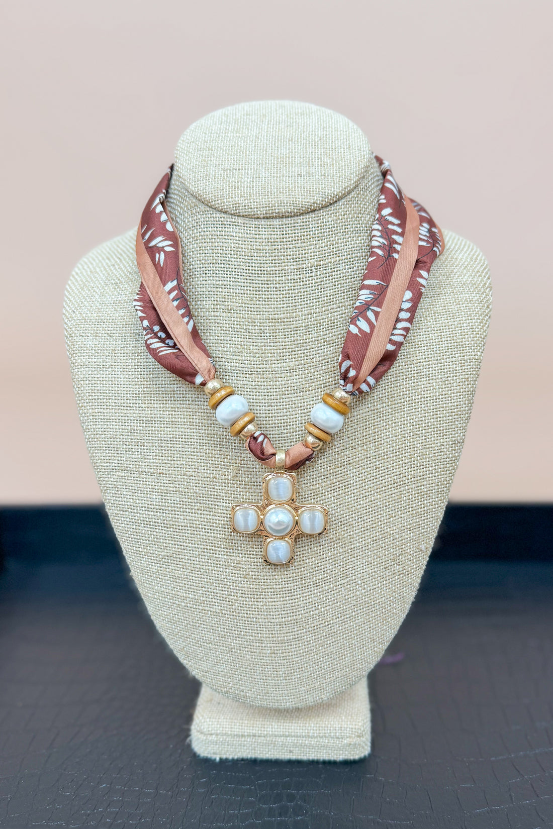 Rust &amp; Brown Scarf Necklace With Gold Pearl Cross Charm
