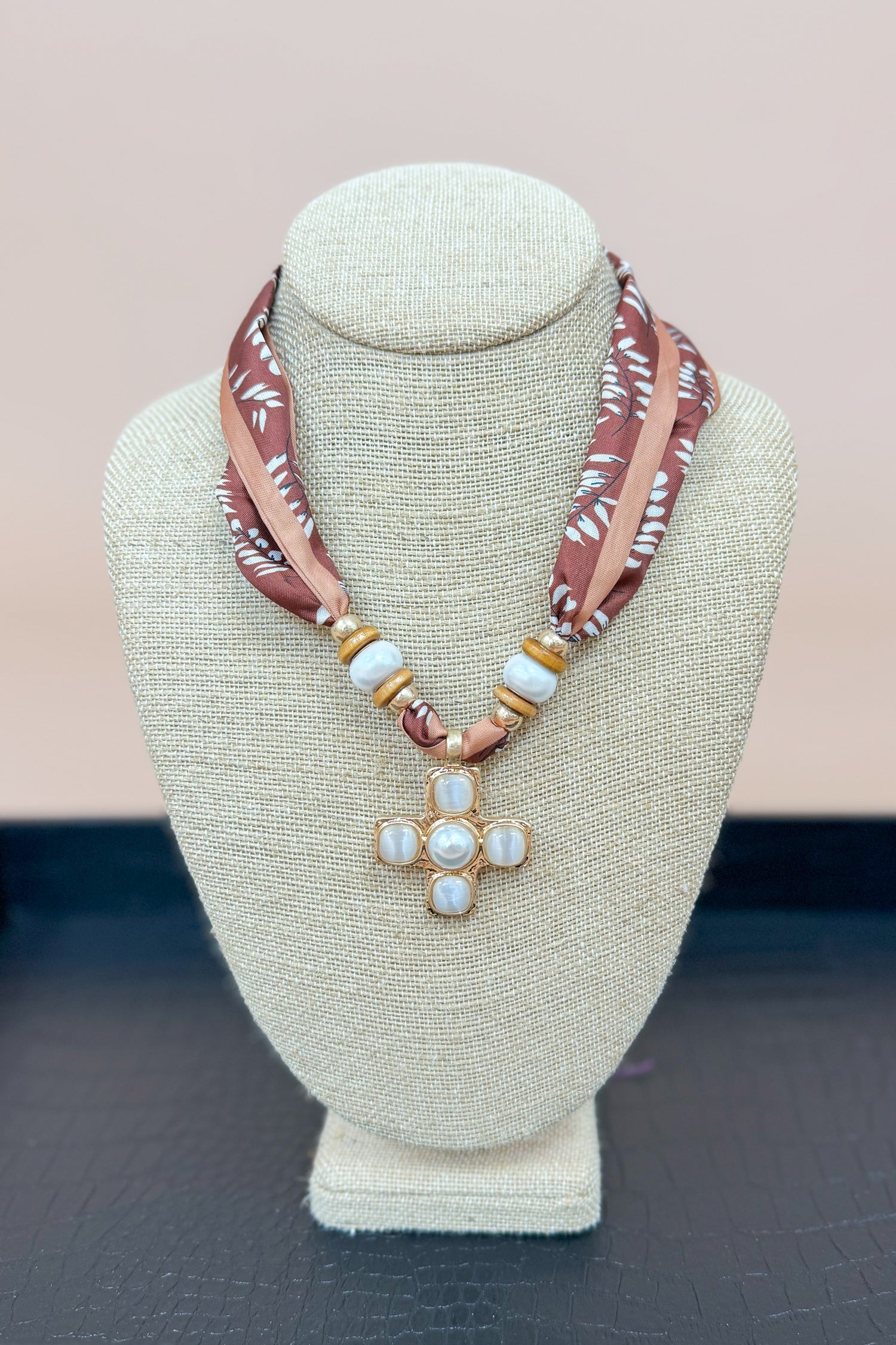 Rust &amp; Brown Scarf Necklace With Gold Pearl Cross Charm