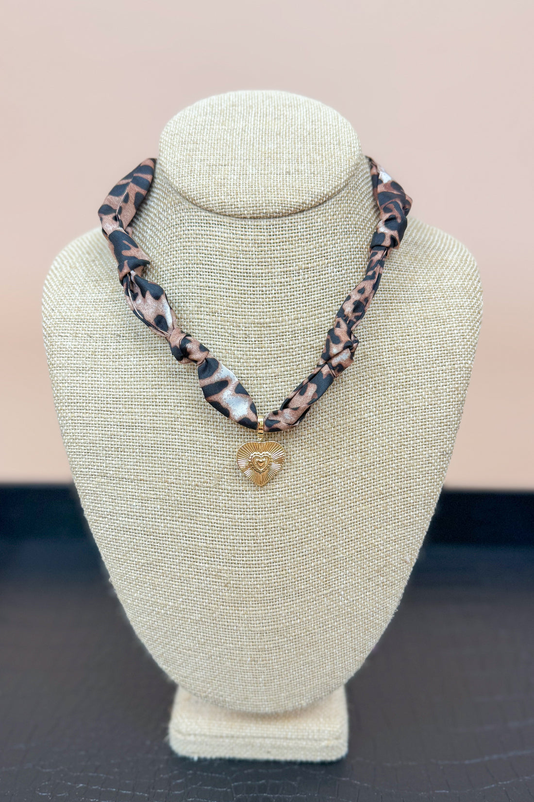 Leopard Scarf Necklace With Gold Ribbed Heart Charm