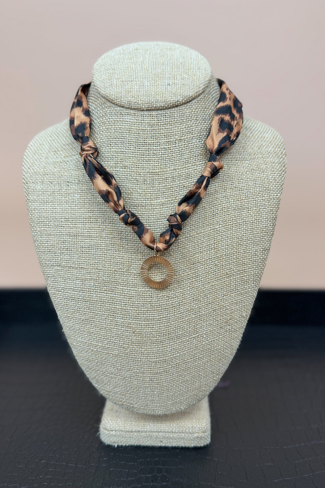 Leopard Scarf Necklace With Gold Circle Charm