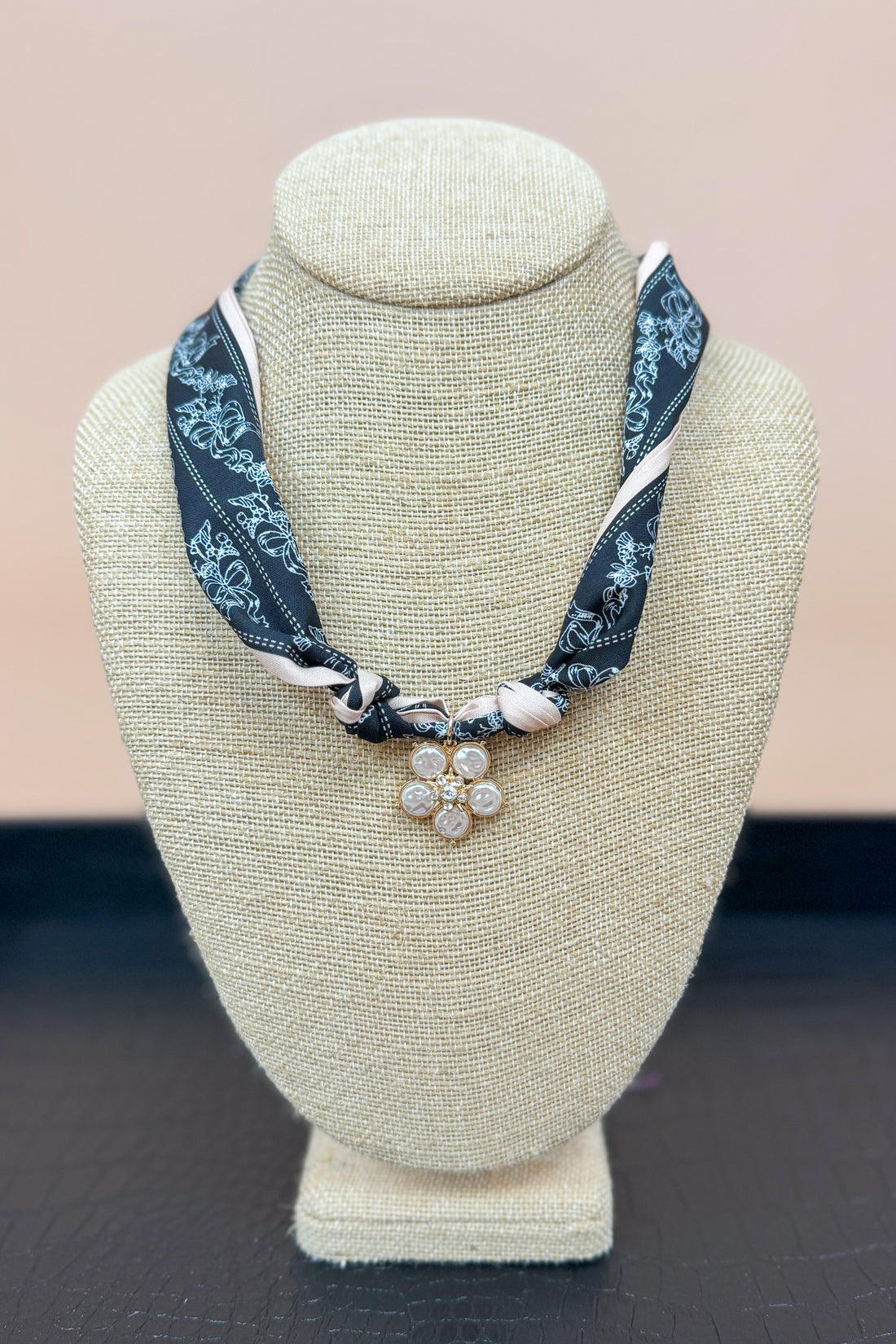 Black & Tan Scarf Necklace With Gold Pearl Flower Charm