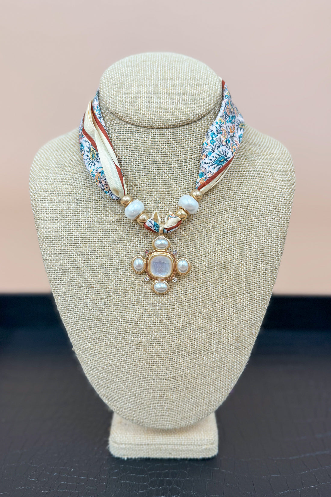 Cream Paisley Scarf Necklace With Gold Pearl &amp; Stone Cross