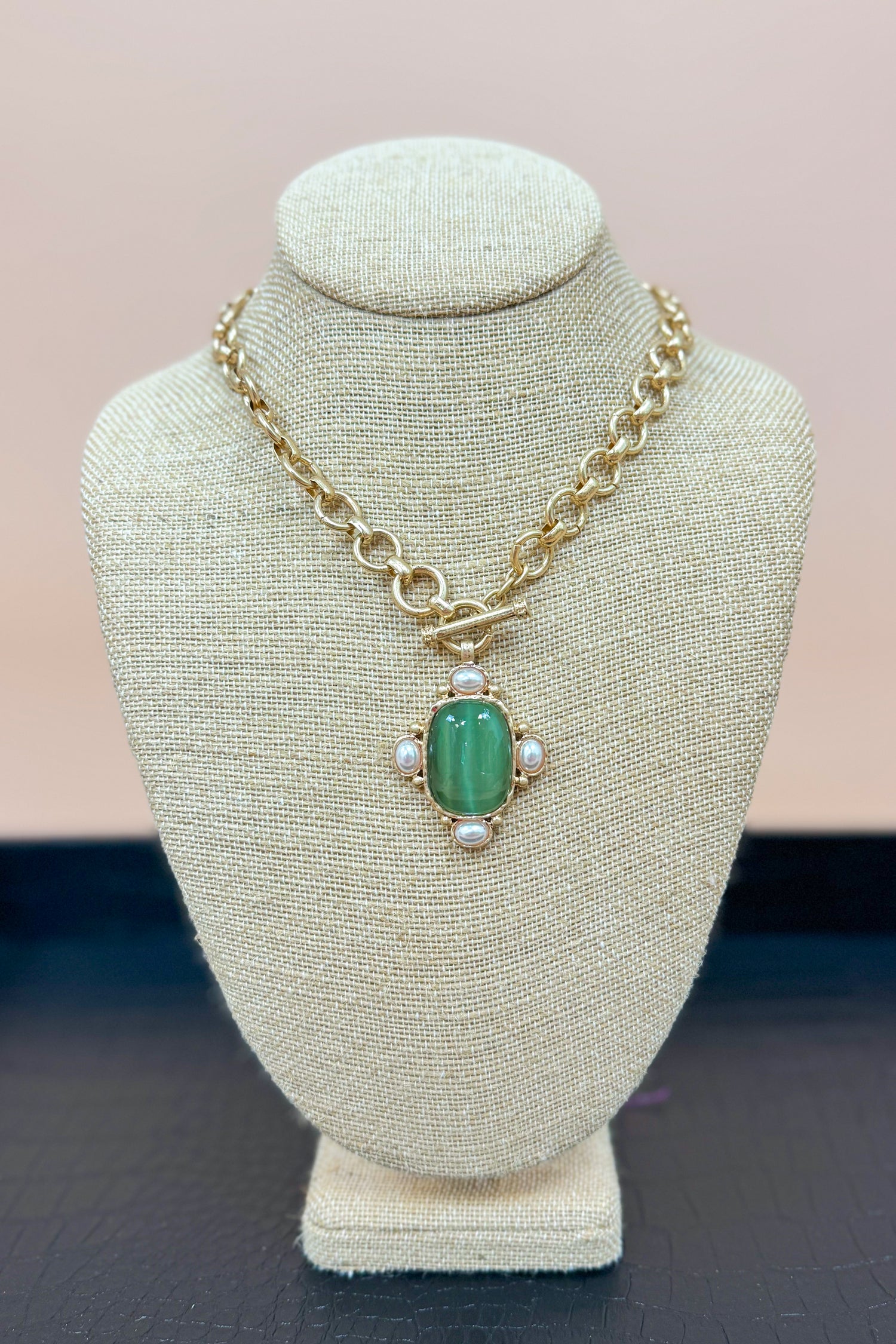 Ophelia Oval Stone &amp; Pearl Pendant Necklace