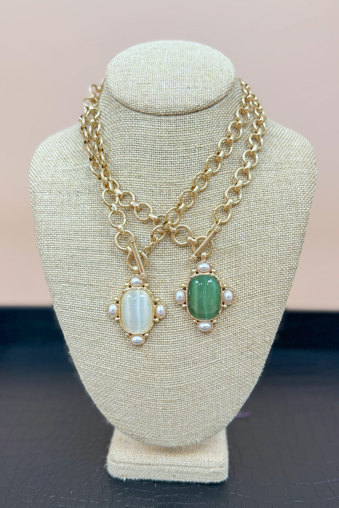 Ophelia Oval Stone &amp; Pearl Pendant Necklace