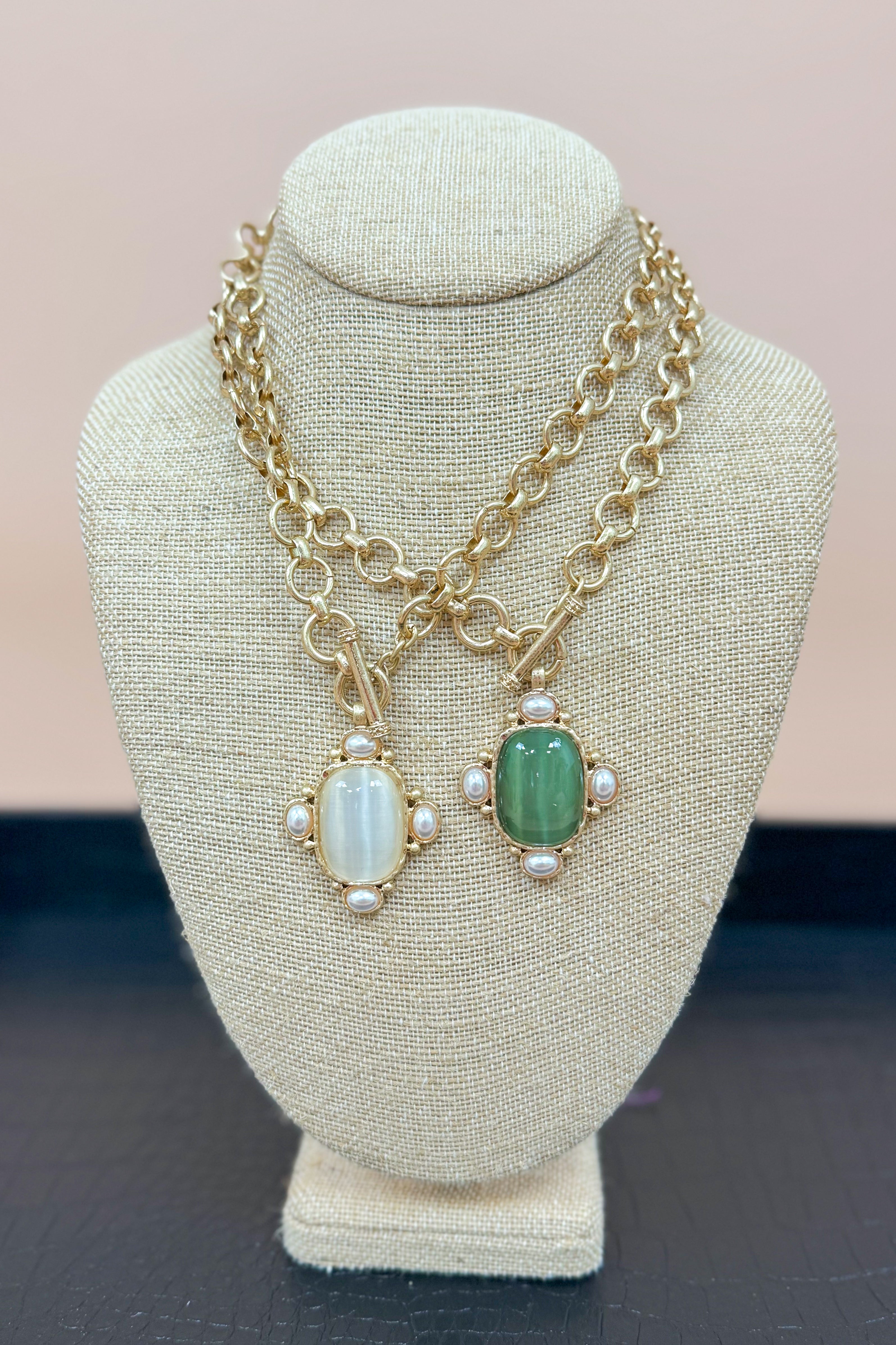 Ophelia Oval Stone &amp; Pearl Pendant Necklace