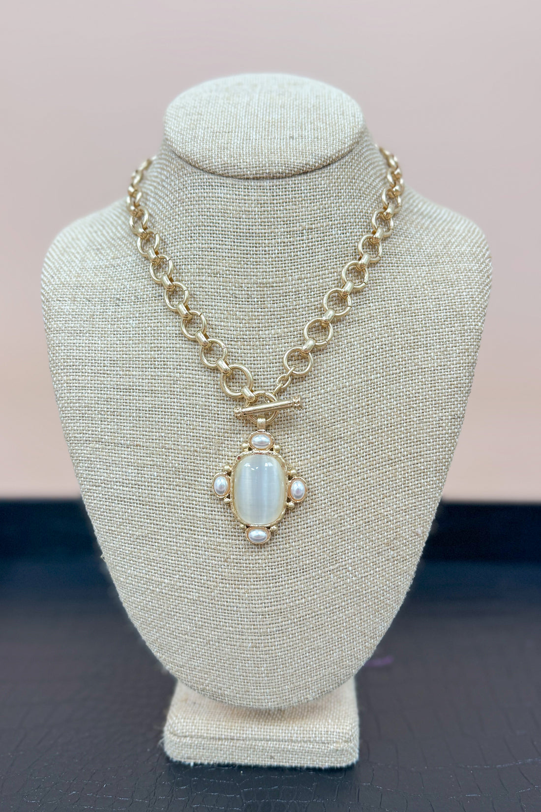 Ophelia Oval Stone &amp; Pearl Pendant Necklace