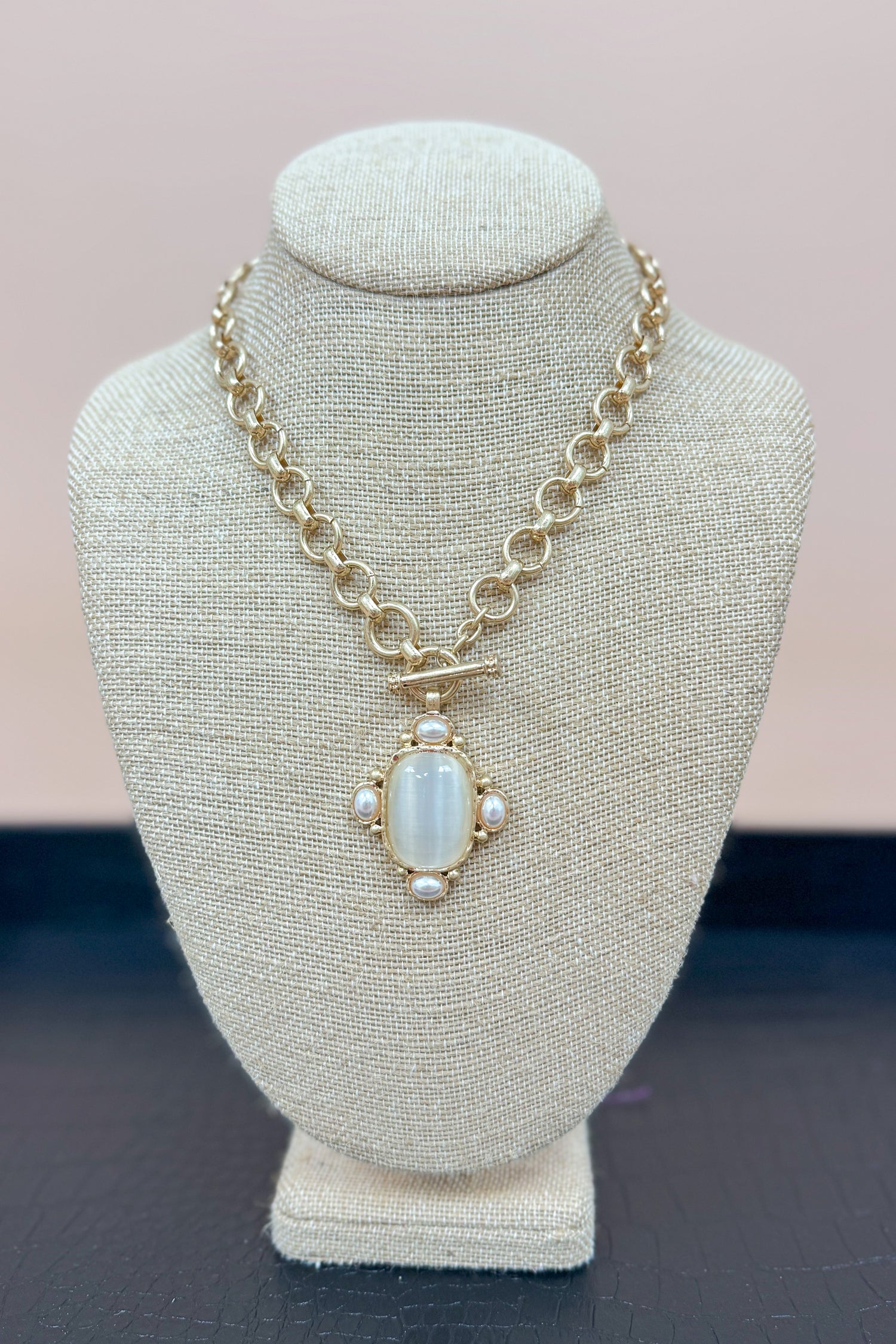 Ophelia Oval Stone &amp; Pearl Pendant Necklace