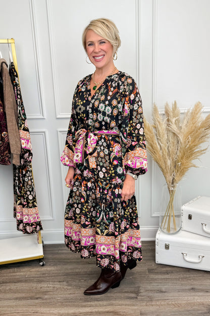 Ooh La Live Black &amp; Multi Printed Midi Dress by PINCH