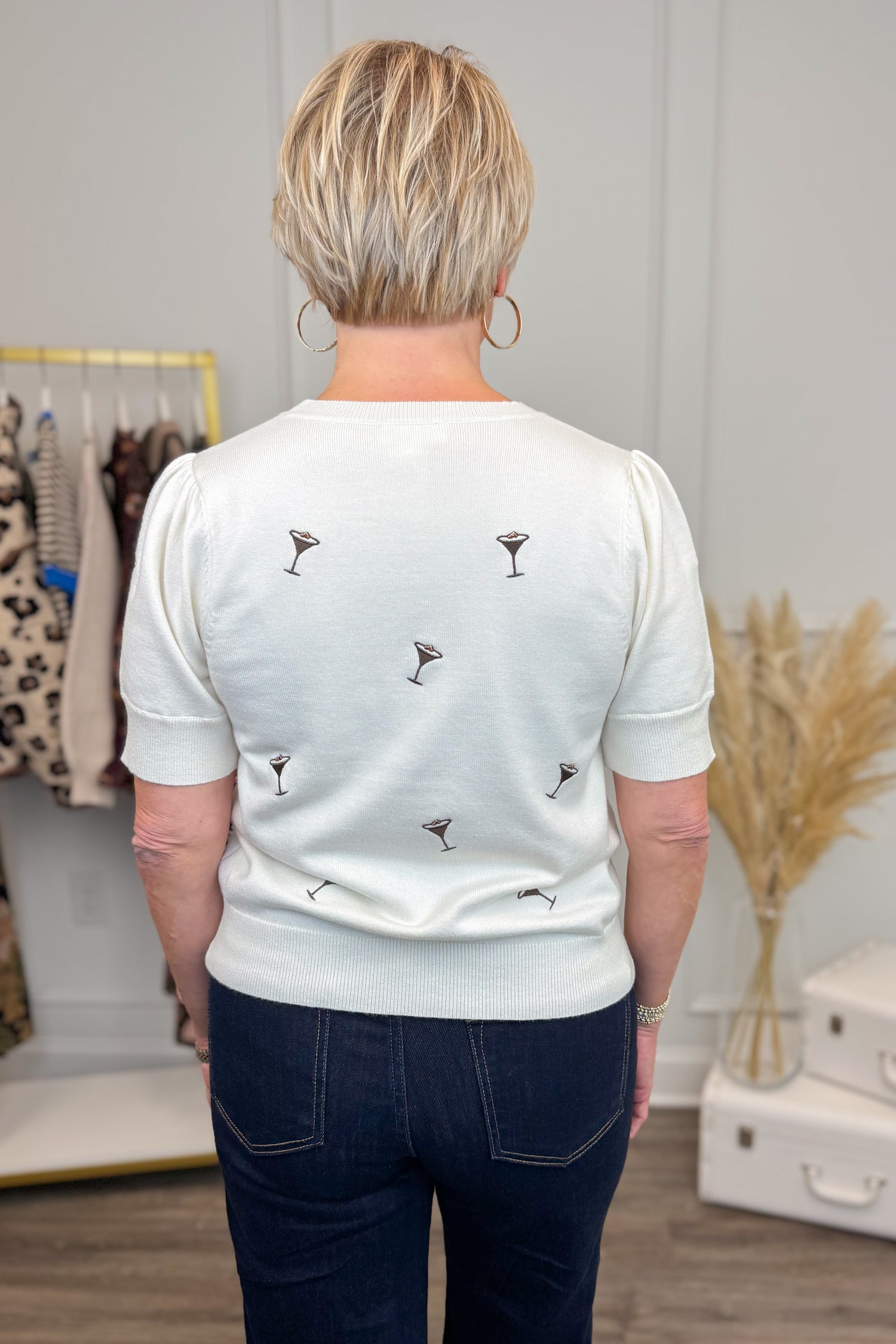 Sip In Style espresso martini embroidered short sleeve sweater - back view on model
