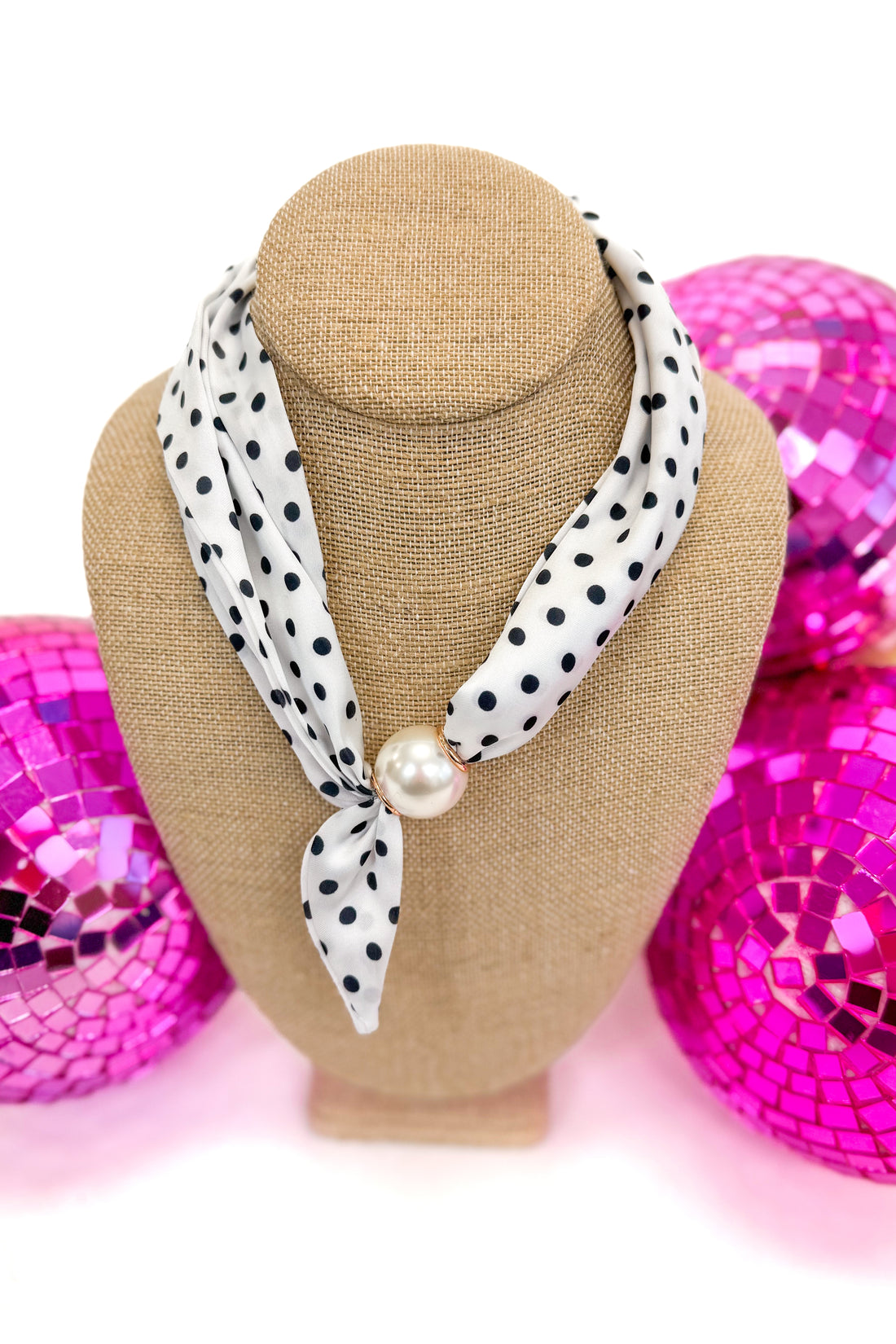 polka dot scarf necklace with a pearl pendant