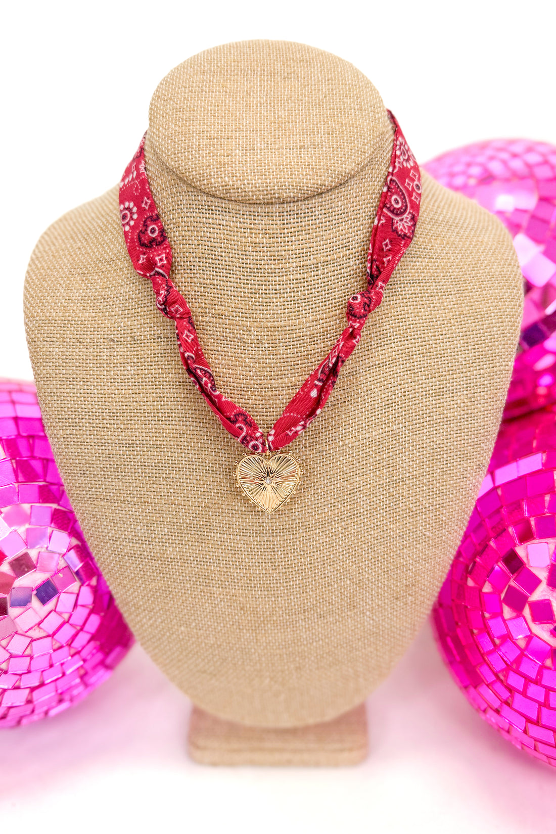 red bandana scarf with heart pendant