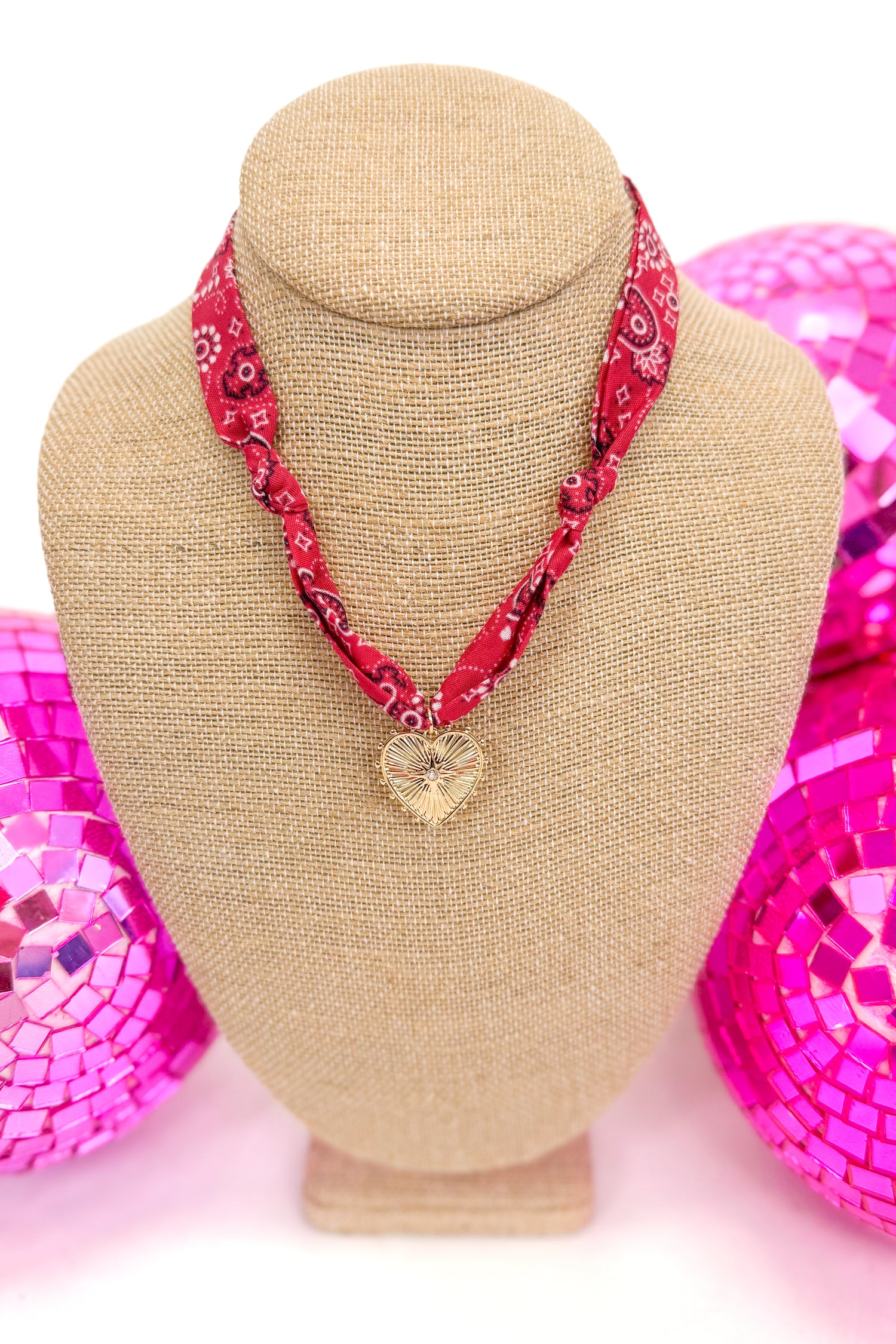 red bandana scarf with heart pendant