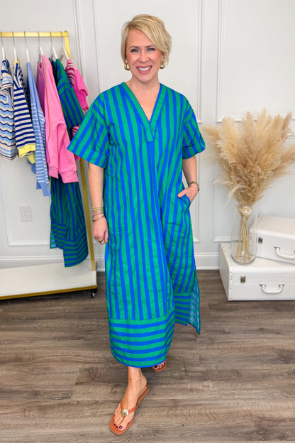 Fun Pending Blue &amp; Green Two Toned Striped Midi Dress by Entro