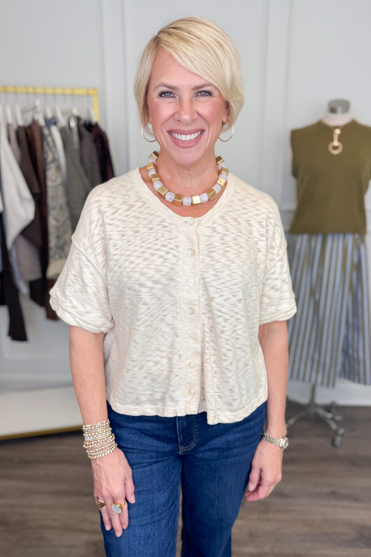 Walking On Sunshine Cream Button Up Short Sleeve Sweater