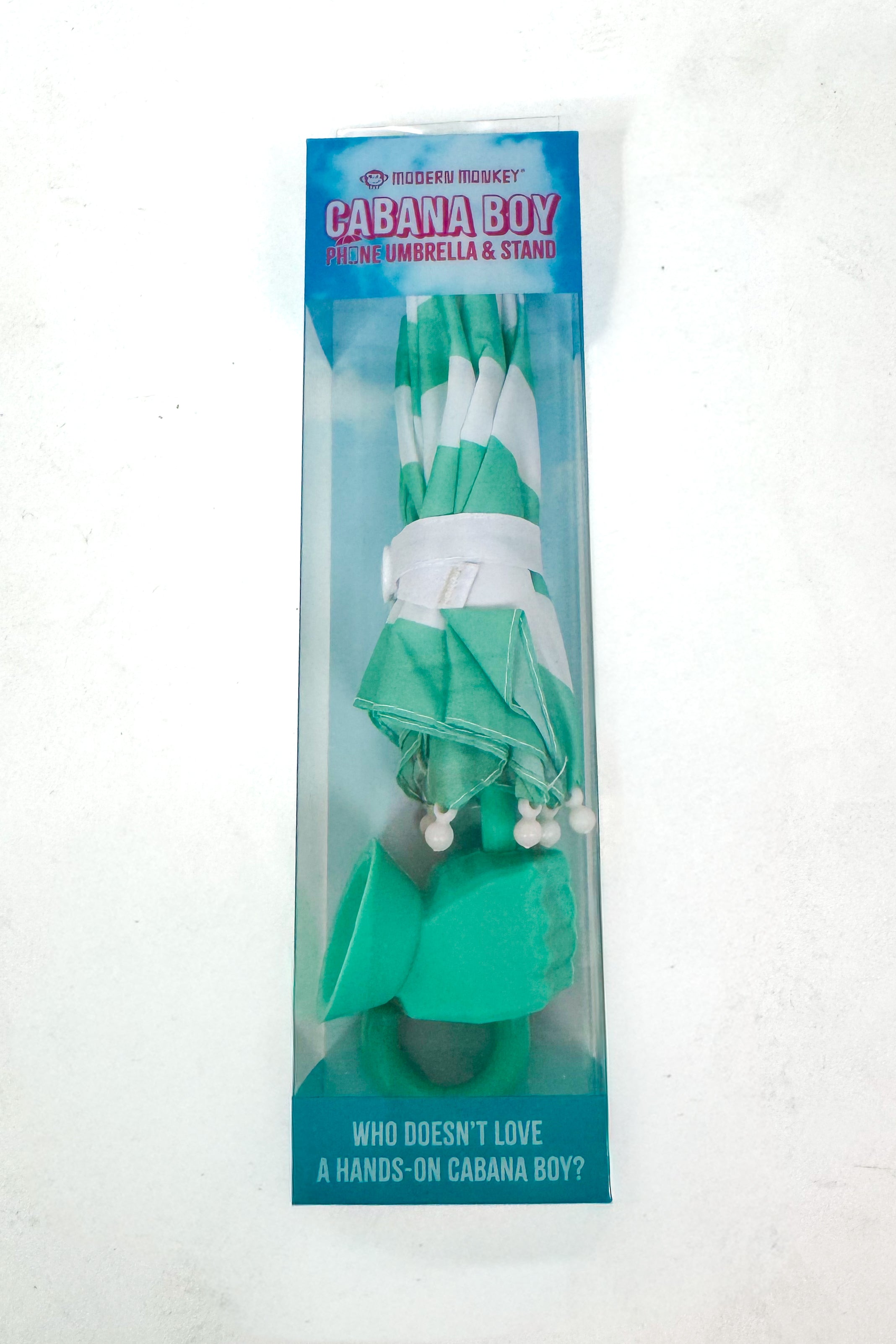 Green umbrella and stand set in packaging with text on a white background