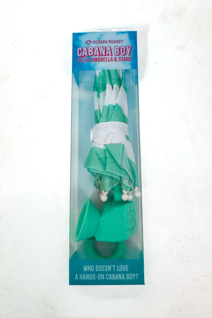 Green umbrella and stand set in packaging with text on a white background