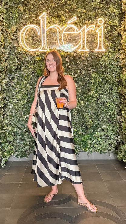 Late Night Talks Cream &amp; Black Bold Striped Midi Dress