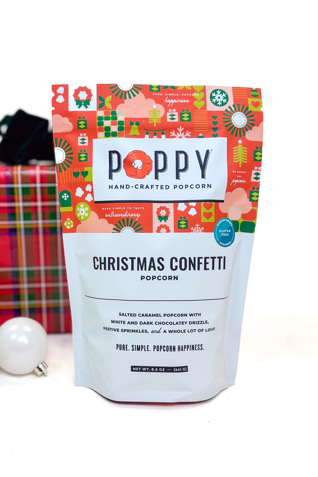 Poppy Popcorn Christmas Confetti bag and decor 