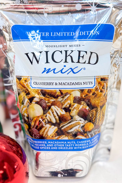 Wicked Mix Winter Limited Edition Snack Mix with holiday background.