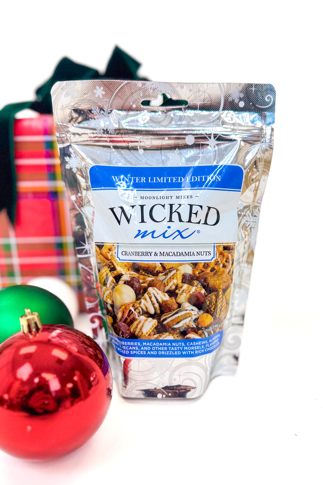 Wicked Mix Winter Limited Edition Snack Mix with holiday background.