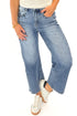 Katie medium wash adjustable waist barrel jeans by Risen - front view on model