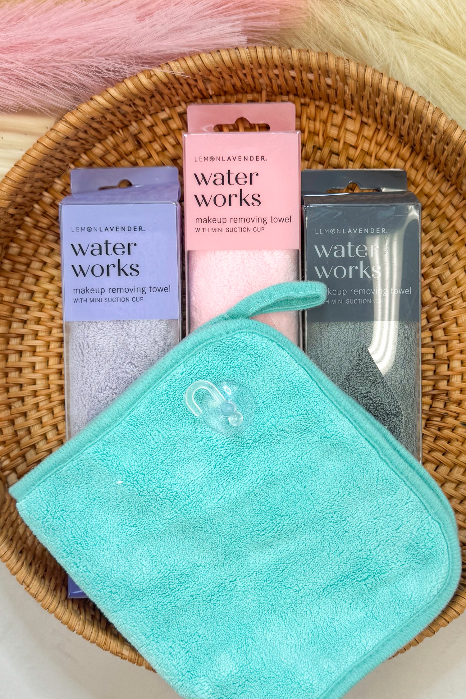 Makeup removing towels with packaging in a woven basket