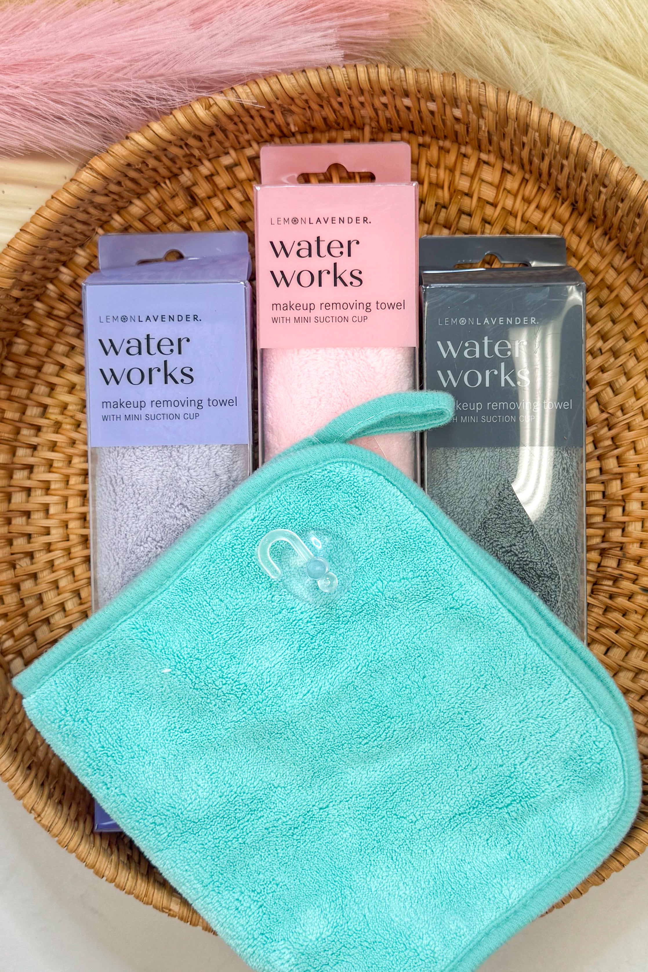 Makeup removing towels with packaging in a woven basket