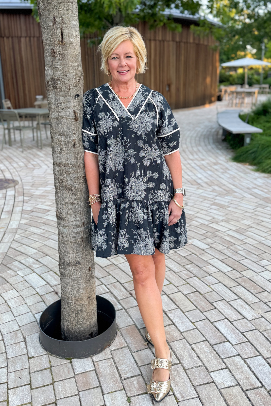 In Full Swing Black Floral V-neck Short Sleeve Dress