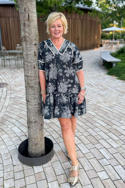 In Full Swing Black Floral V-neck Short Sleeve Dress