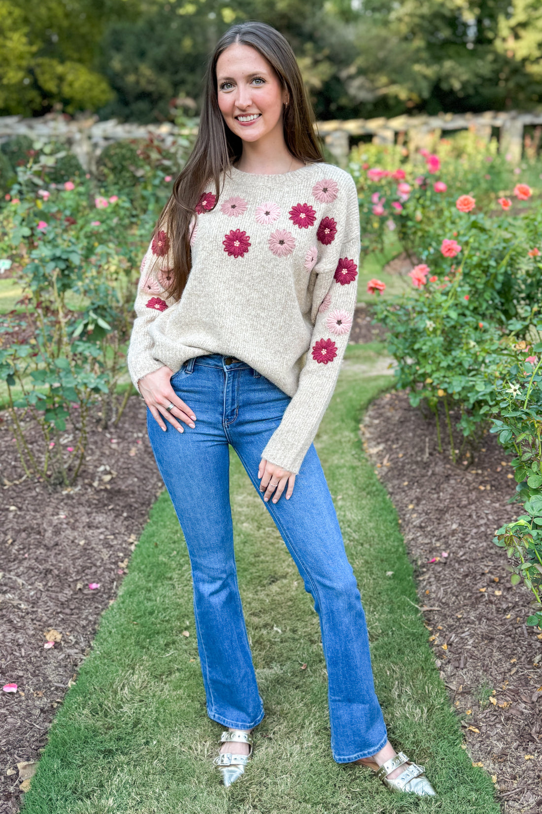 Make It Last Oatmeal With Floral Embroidery Sweater by Entro