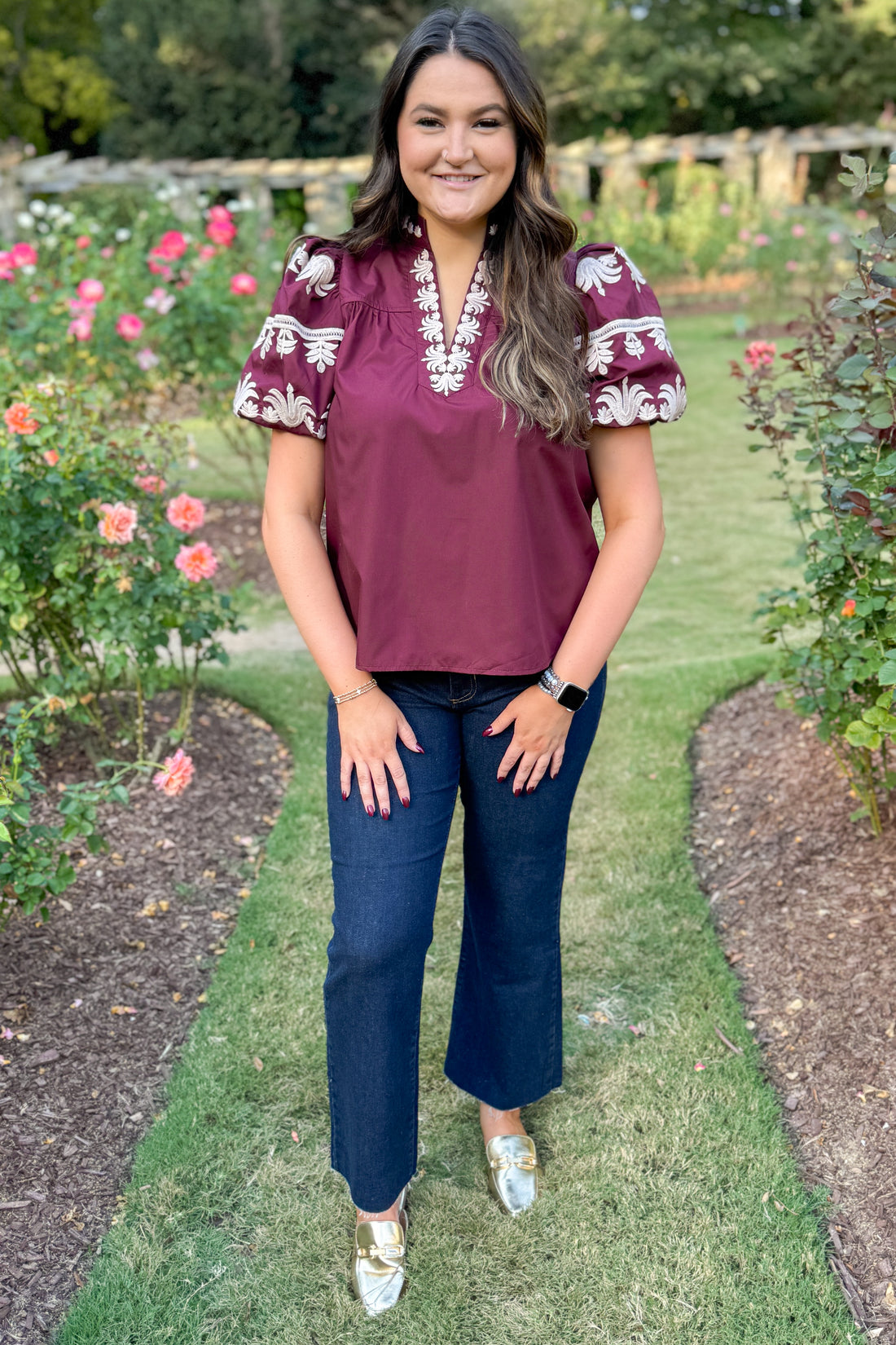 My First Thought Burgundy Embroidered Sleeve V-neck Top by Entro