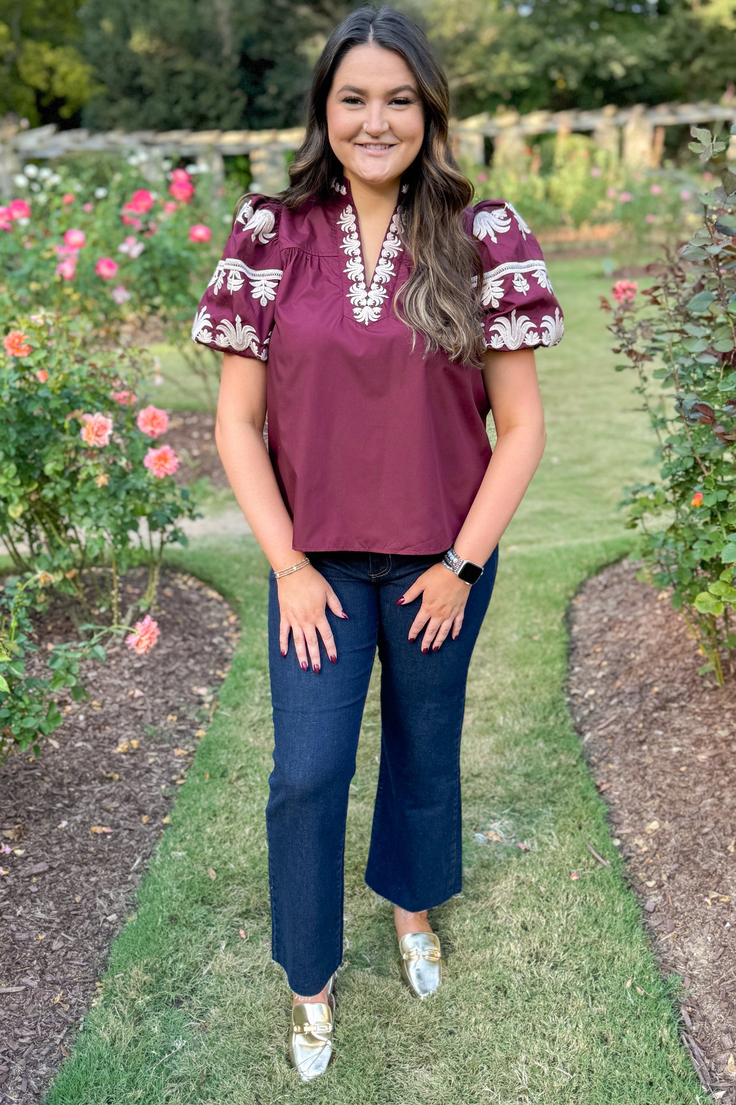 My First Thought Burgundy Embroidered Sleeve V-neck Top by Entro