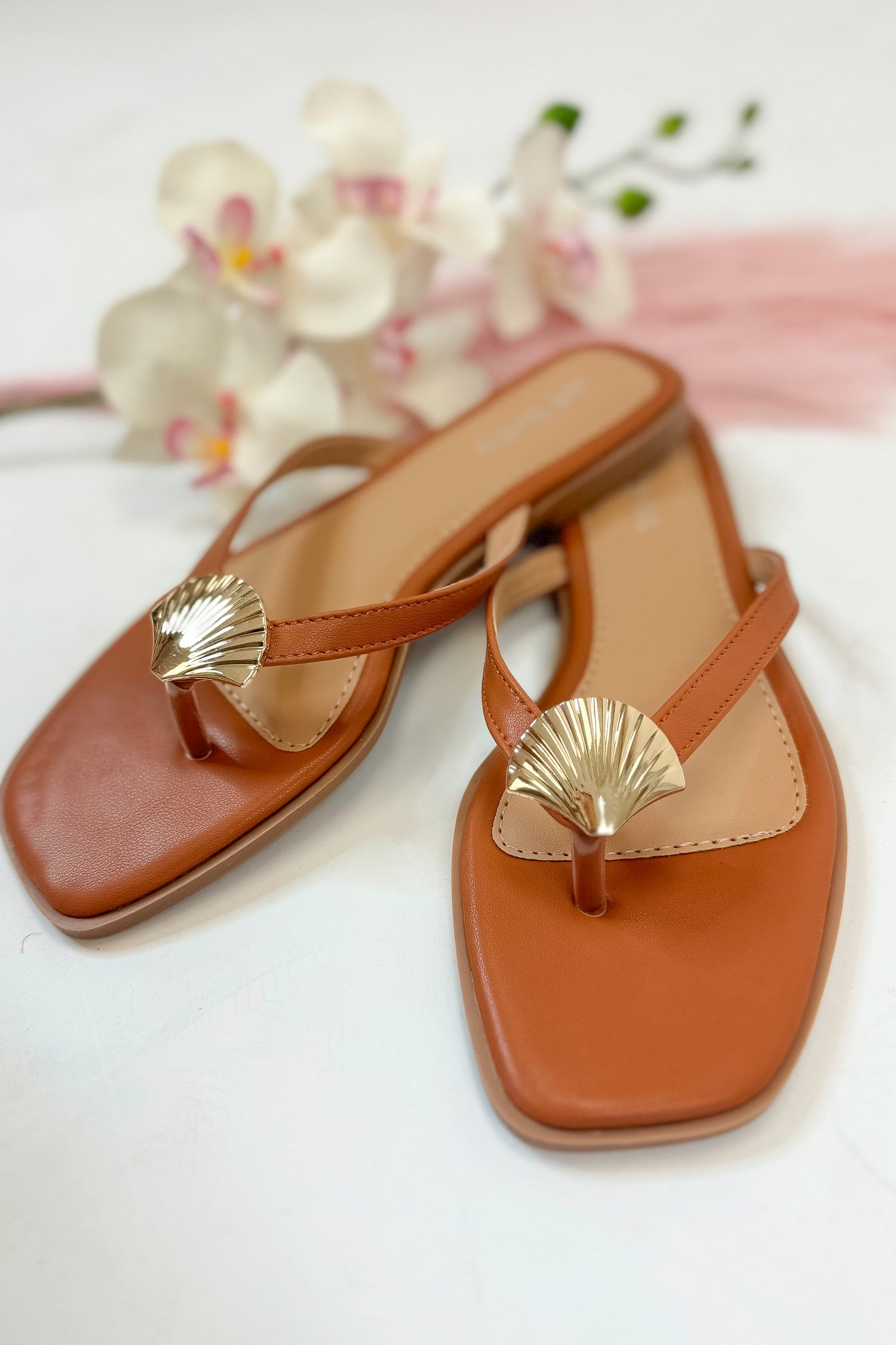 Doha- Tan Shell Detail Flip Flops front detail view