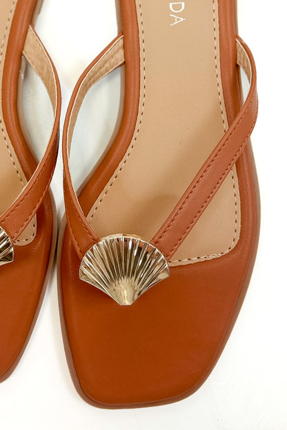 Doha- Tan Shell Detail Flip Flops top detail view