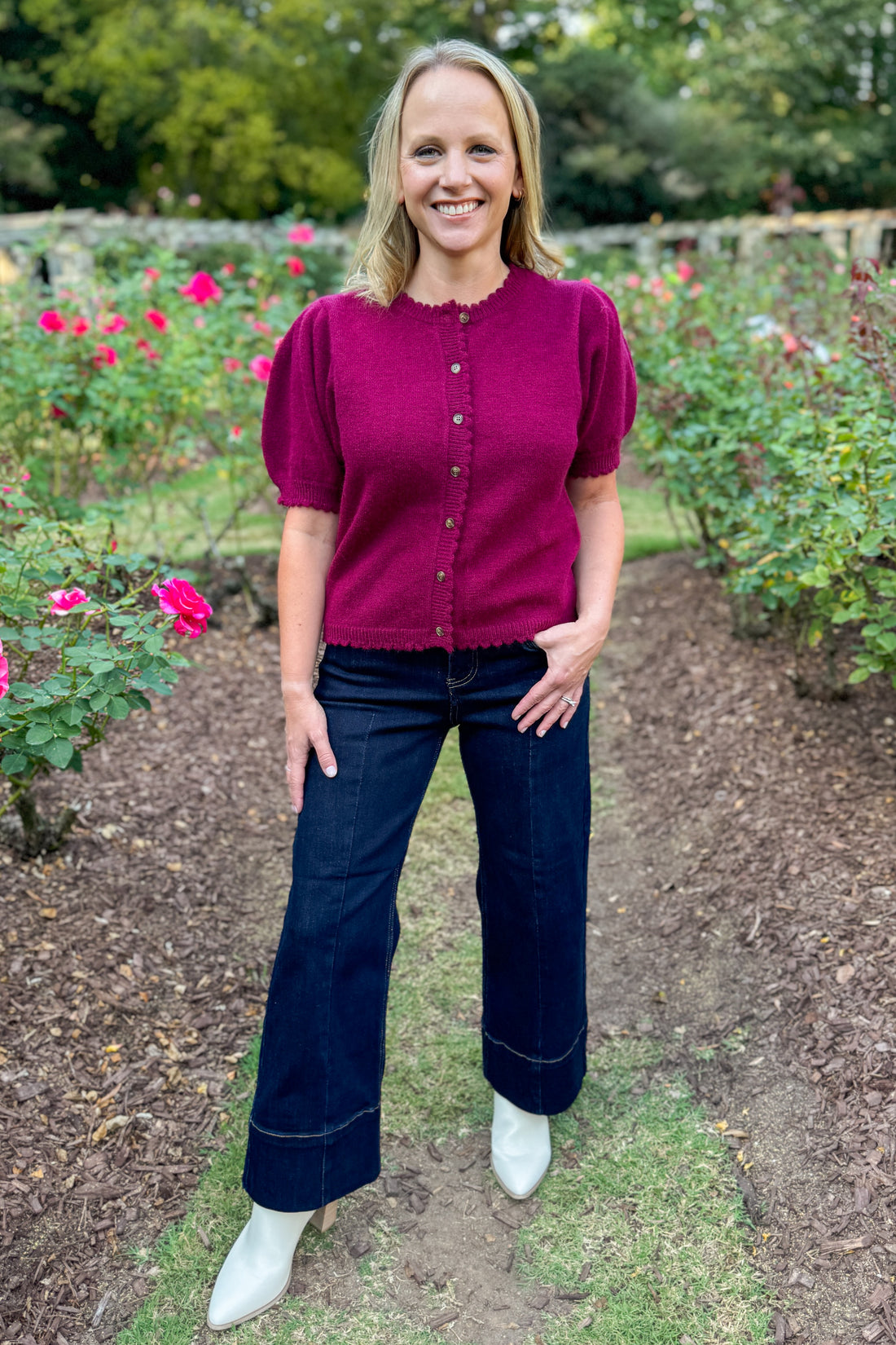 Merlot Mood Wine Scallop Detail Short Sleeve Cardigan by Entro