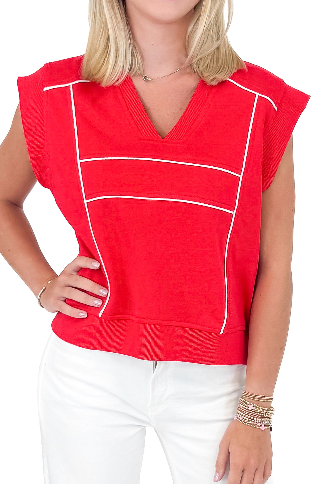 In the Red Zone Red Piping Detail Short Sleeve Sweatshirt