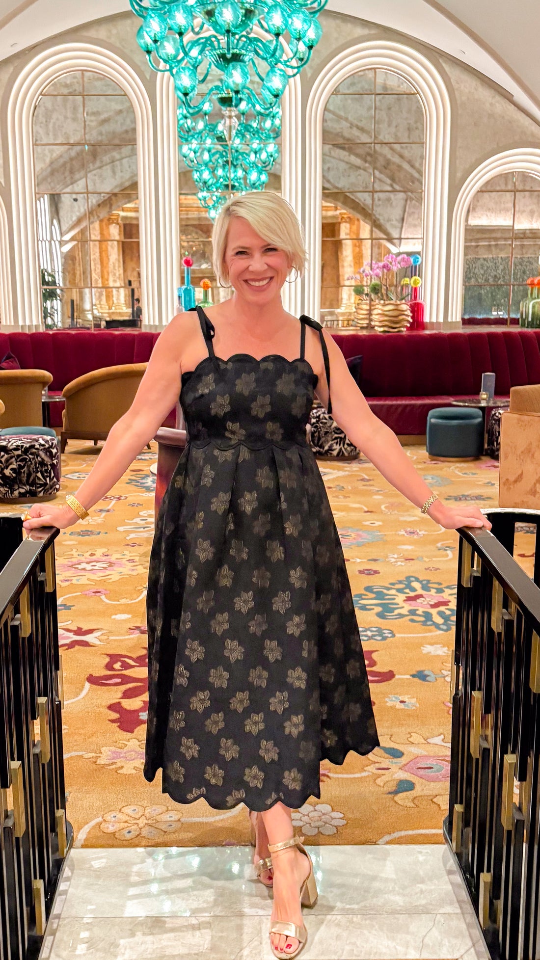 Brunch Besties Black With Gold Floral Scallop Hem Midi Dress
